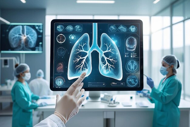 Cuidado de la salud y medicina Covid19 El médico sostiene y diagnostica pulmones humanos virtuales con coronavirus en el interior en una pantalla de interfaz moderna en el fondo del hospital Innovación y tecnología médica