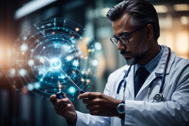 Foto cuidado de la salud y servicios médicos con diagrama circular de realidad aumentadamédico trabajando con tableta digital y portátil