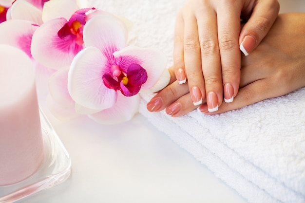 Cuidado de las uñas. Hermosas uñas de mujer con manicura francesa