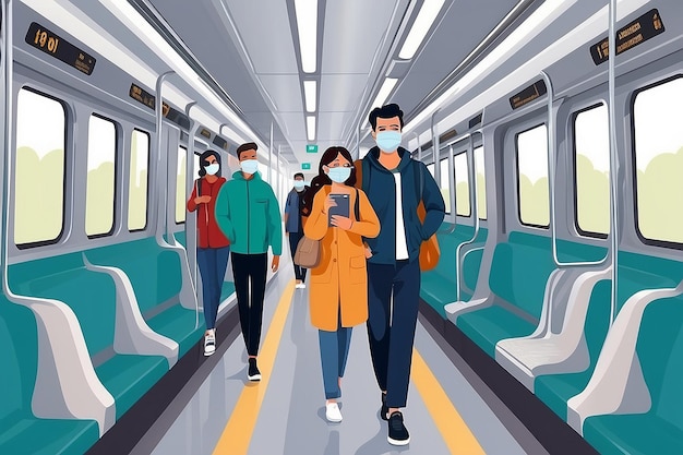 Foto cuidado con el vector covid-19 ilustración con personas en trenes como transporte público