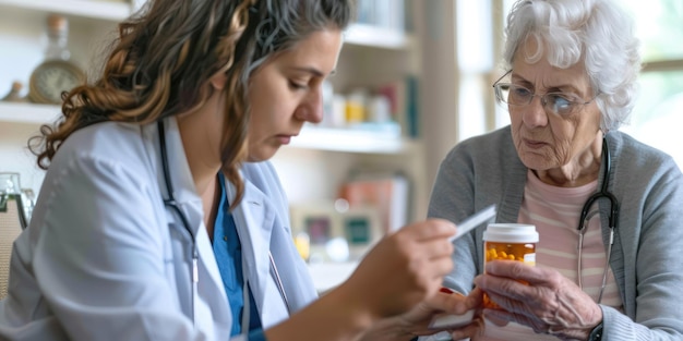 Un cuidador ayudando a una anciana con el manejo de la medicación