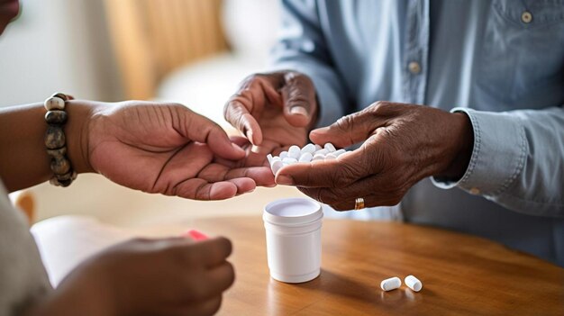 cuidador dando pastillas a un hombre con discapacidad