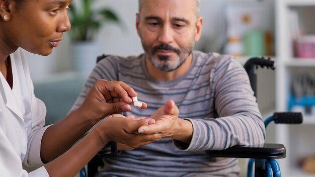 Foto cuidador dando pastillas a un hombre con discapacidad