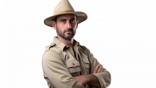Cuidador de zoológico em uniforme caqui com um chapéu safari isolado em fundo branco