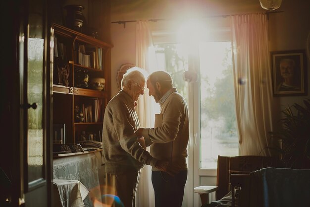 Foto un cuidador feliz ayuda a un anciano en casa