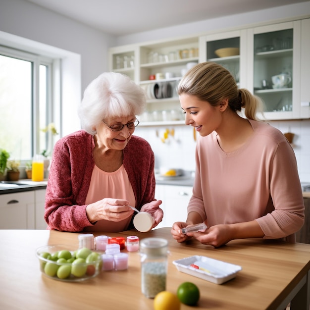 Cuidadora feminina dando comprimidos a uma mulher idosa na cozinha com Ai generativo