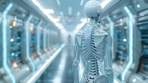 Cuidados avançados da coluna vertebral em um conceito de corredor médico futurista saúde da coluna vertebral cuidados médicos avançados tecnologia futurista design de corredor inovação em cuidados de saúde