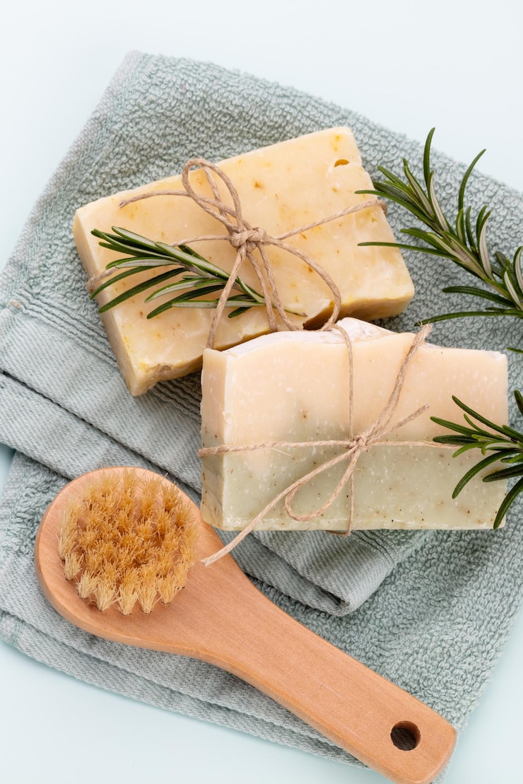 Cuidados com a pele artesanais naturais. Barras de sabão orgânico com extratos de plantas.