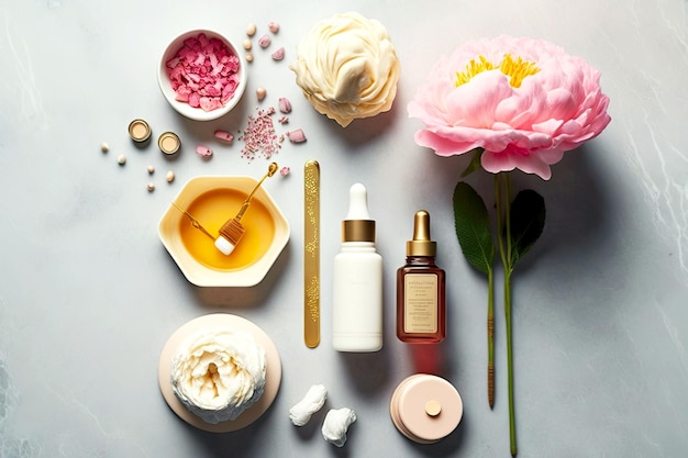 Cuidados com a pele com cores de produtos de maquiagem produtos de spa flatlay