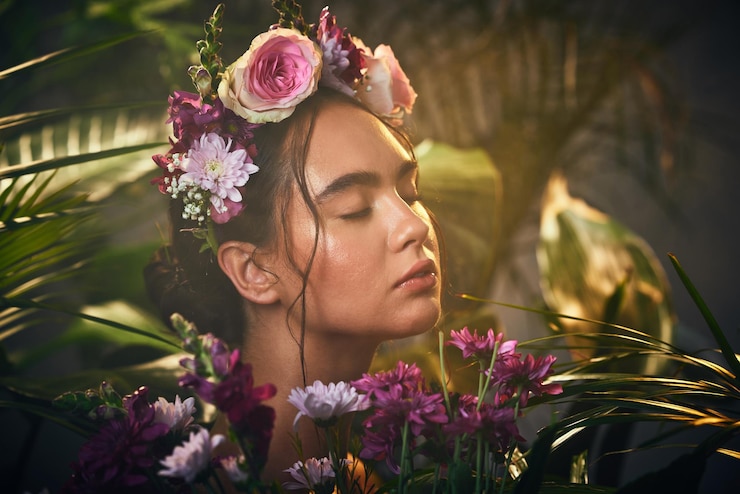 Foto cuidados com a pele de beleza e coroa de flores com mulher em flores para tratamento cosmético natural e plantas tratamento orgânico de cuidados com a pele e cosmetologia na natureza com modelo feminino e coroa de flores