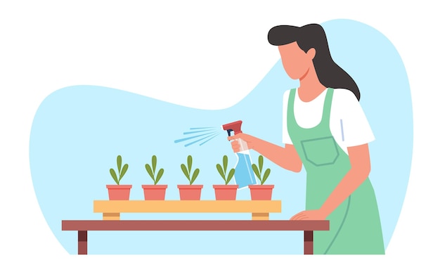 Cuidados com plantas mulher pulveriza vasos de mudas de garrafa de spray quarto jardinagem passatempo umedecimento de folhagem plantar plantas de casa ilustração isolada plana de desenho animado conceito botânico vetor