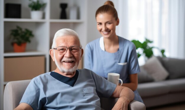 Cuidados compassivos Enfermeira feliz atende um homem idoso sorridente na poltrona de casa