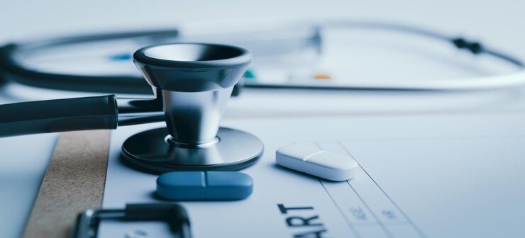 Cuidados de saúde com estetoscópio e renderização 3D de medicina