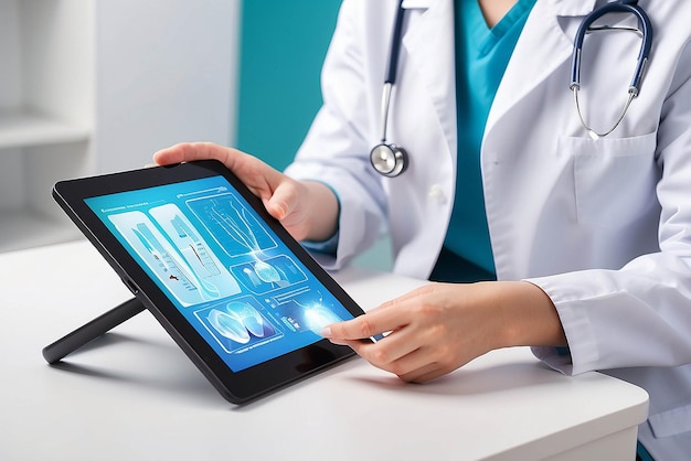 Foto cuidados de saúde e medicina doutor usando um tablet digital