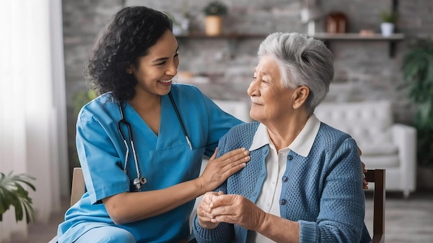 Cuidados de saúde em casa e enfermeira com a avó para apoiá-la na aposentadoria médica e cuidados de velhice