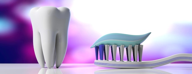 Cuidados dentários Pasta de dente em uma escova de dentes e um modelo de dente banner de fundo branco roxo ilustração 3d