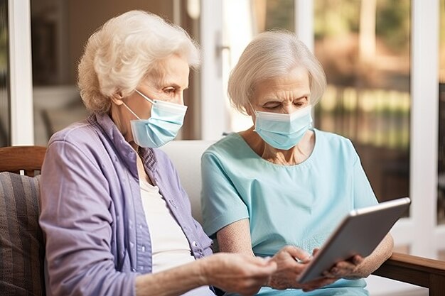 Foto cuidados innovadores frente a la adversidad empoderando a médicos y mujeres mayores con tabletas digitales en