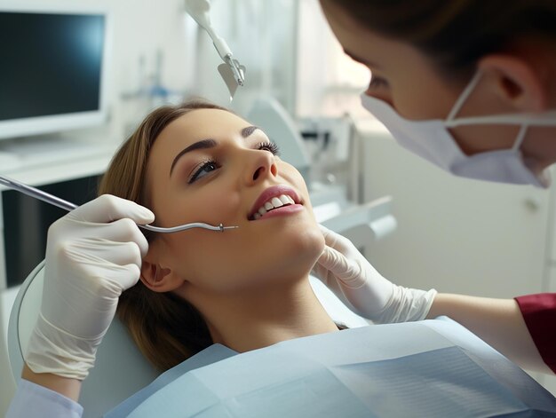 Cuidados odontológicos Dentista feminina que realiza o procedimento