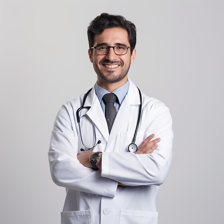 Foto cuidadoso, confiante, sorridente, médico mexicano de 30 anos, braços cruzados.