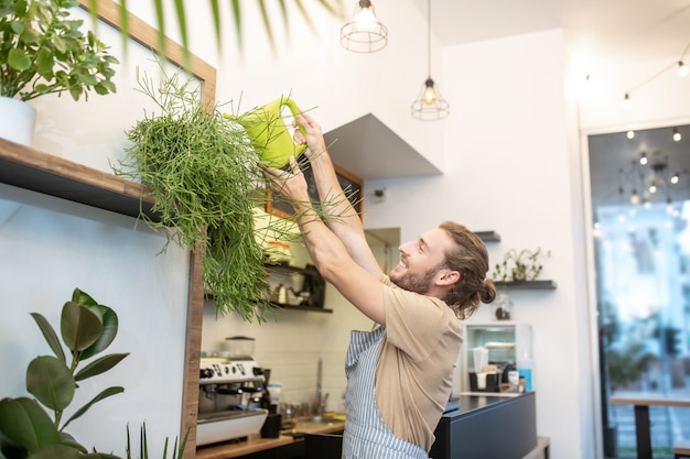 Cuidando das plantas. Homem feliz com avental levantando as mãos com um regador, regador em pé no alto da prateleira