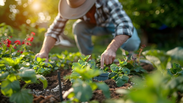 Cuidando do Hobby Verde Foto Jardinagem realista no quintal enquanto o homem mostra as recompensas do quintal