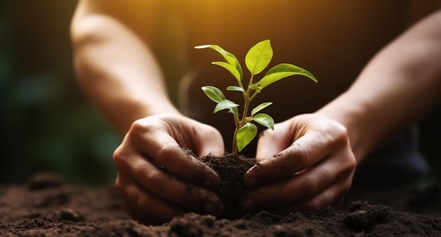 Cuidar das plantas com uma mão semeando e cultivando plantas naturais