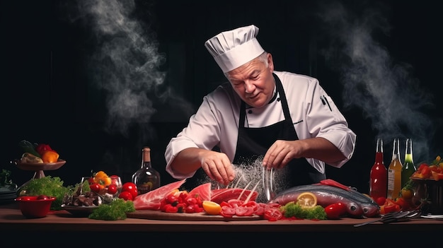Culinária do mar Cozinheiro profissional prepara pedaços de truta salmão vermelha
