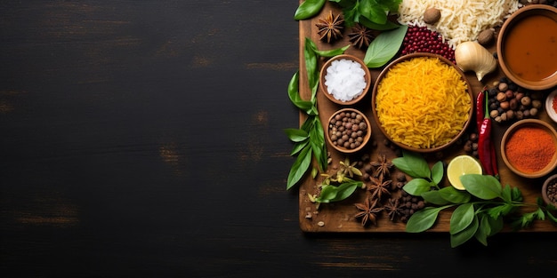 Culinária Indiana Flat Lay Curry Especiarias e Arroz