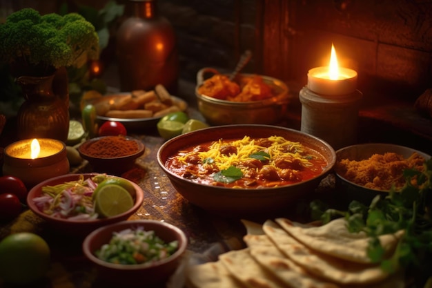 Culinária indiana rica e saborosa exibida em uma mesa de jantar