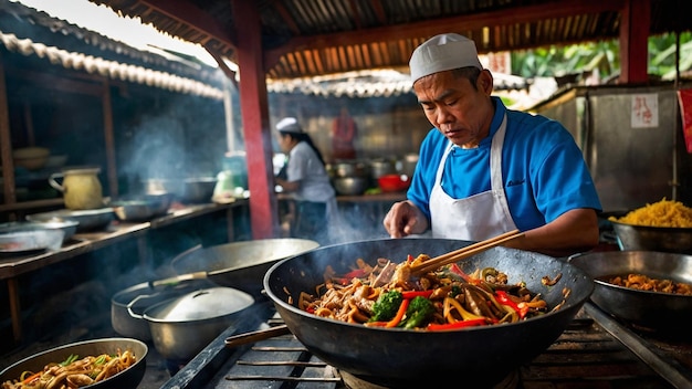 Foto culinaria lanzando salchichas en un wok en un puesto generativo ai