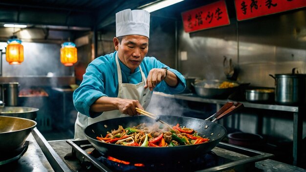 Culinaria lanzando salchichas en un wok en un puesto generativo ai