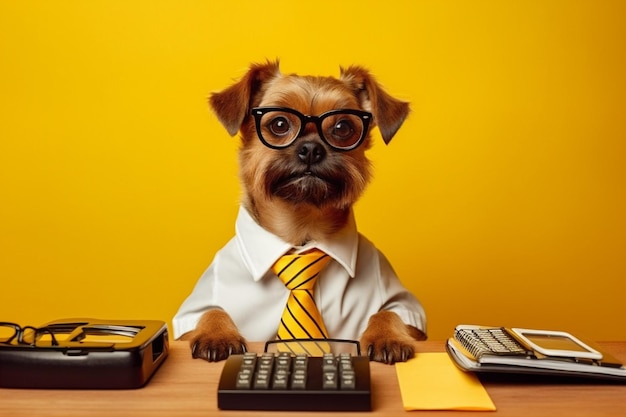 Óculos cão negócio animal finanças amarelo fundo de animal de estimação humor engraçado IA generativa