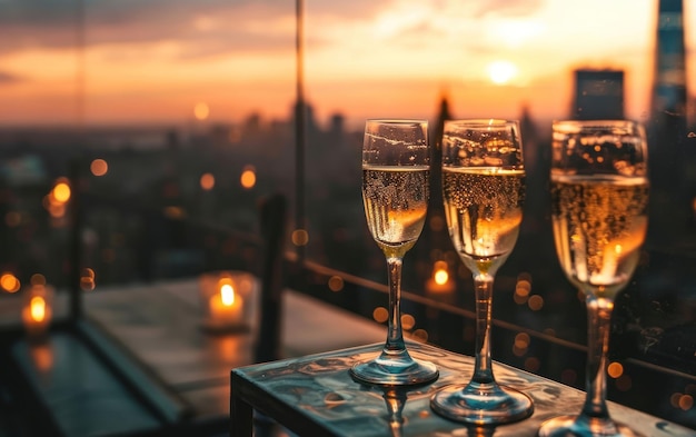 Óculos com champanhe e um horizonte da cidade ao fundo