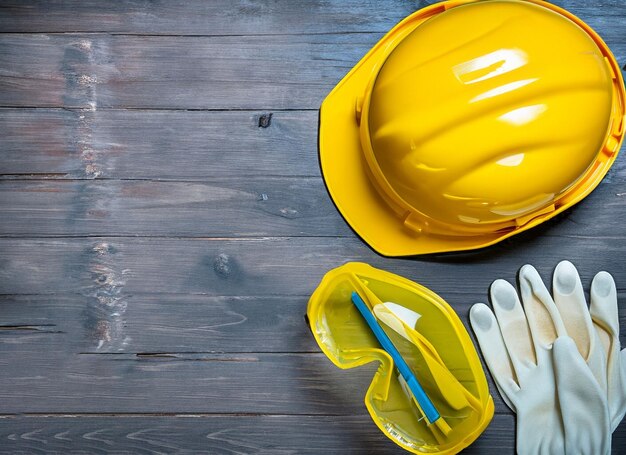 Óculos de capacete de plástico amarelo e luvas de proteção em madeira compensada Conceito de trabalho seguro