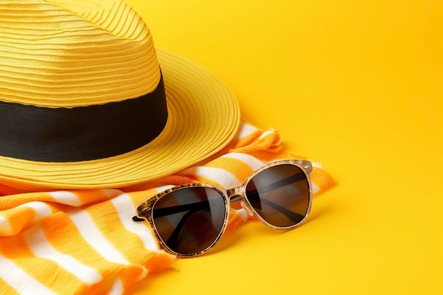 Óculos de fundo de verão e chapéu de sol em fundo amarelo quente Ai gerado