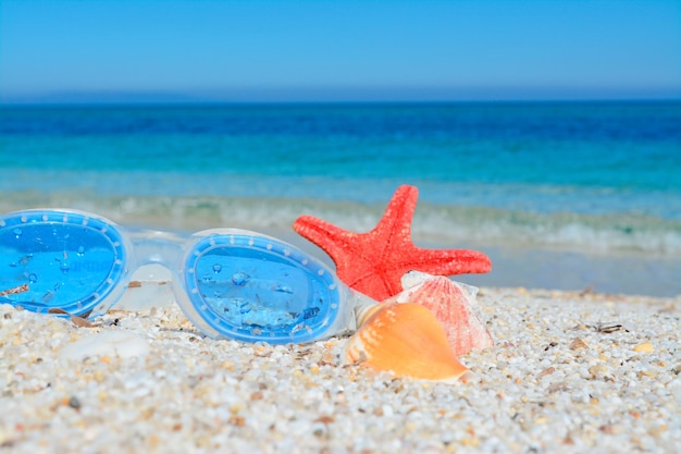 Óculos de mar com estrela do mar e conchas em uma praia branca