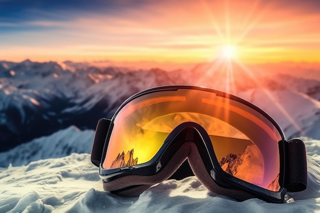 Óculos de neve com raios do sol poente Equipamento de esportes de inverno Ilustração generativa de IA