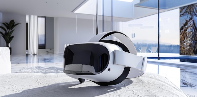 Óculos de realidade virtual na secretária da sala de estar.
