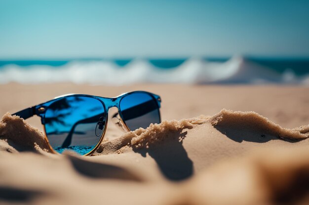 Óculos de sol azuis na areia da praia nas férias de verão Generative AI