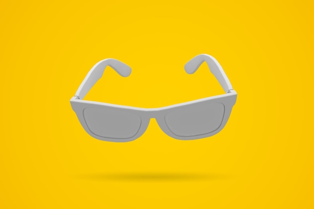 Óculos de sol brancos em um fundo amarelo brilhante Renderização 3D de fundo de verão