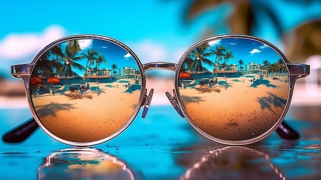 Óculos de sol com reflexo da praia