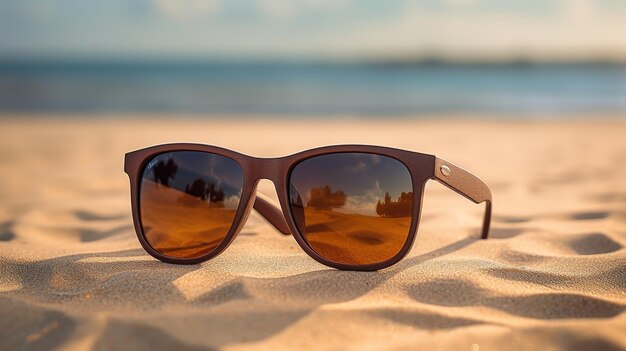 Óculos de sol descansando na praia de areia