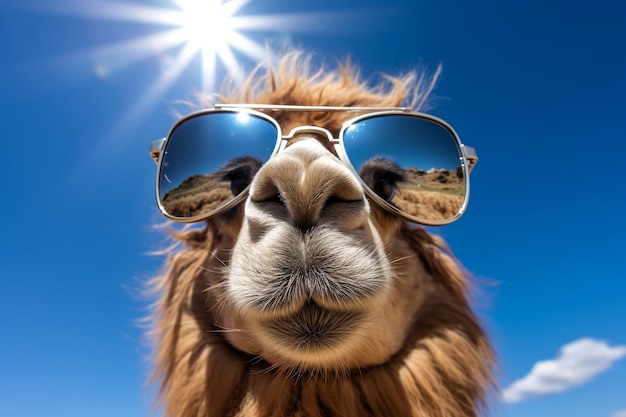 Óculos de sol divertidos Camel Sporting com lente azul reflexiva e aparência lúdica e IA generativa