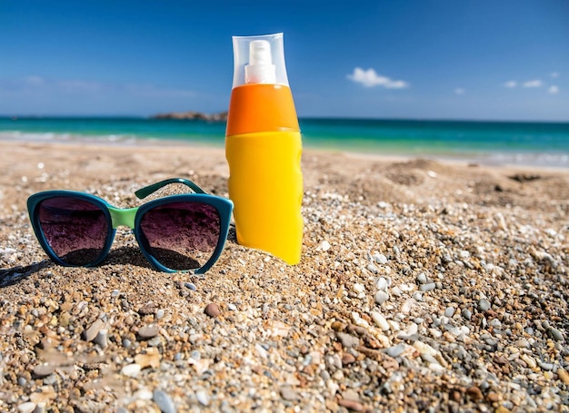 Óculos de sol e protetor solar em uma praia com um par de óculos de sol.