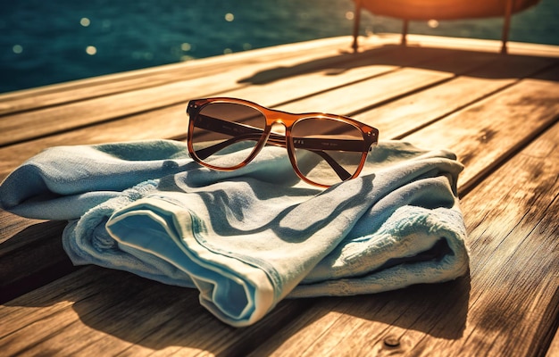 Óculos de sol em toalhas sobre uma mesa de madeira no mar Mediterrâneo sobre um fundo azul