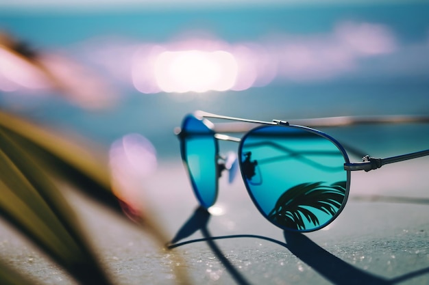 Óculos de sol no fundo do oceano azul da praia ilustração Generative AI