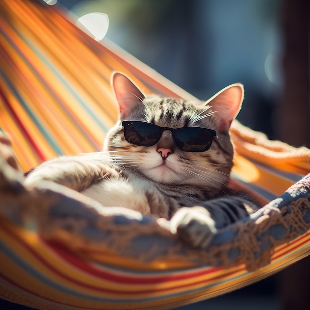 Óculos de solUsando gato tomando banho de sol e cochilando em uma cama de rede Generative AI