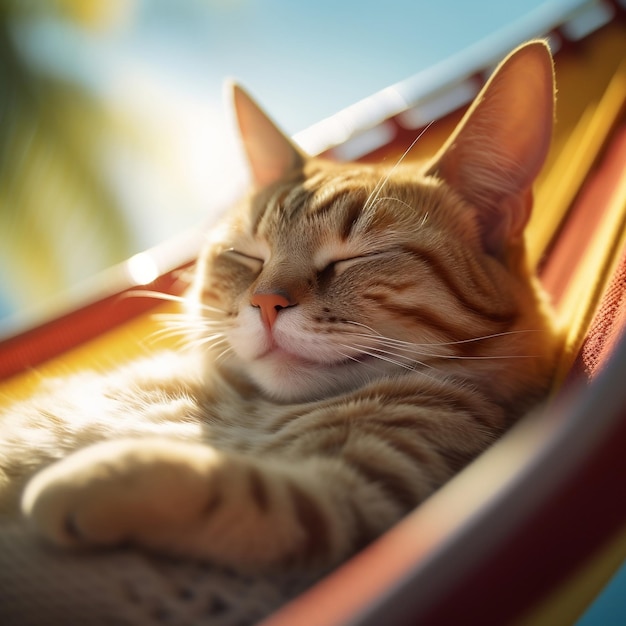 Óculos de solUsando gato tomando banho de sol e cochilando em uma cama de rede Generative AI