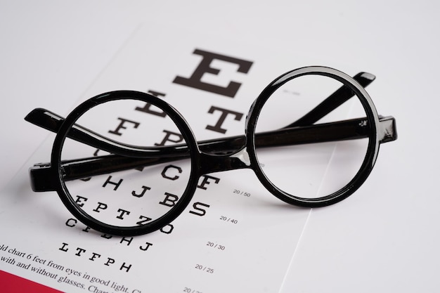 Óculos em gráfico de exame ocular para testar a precisão da visão da leitura