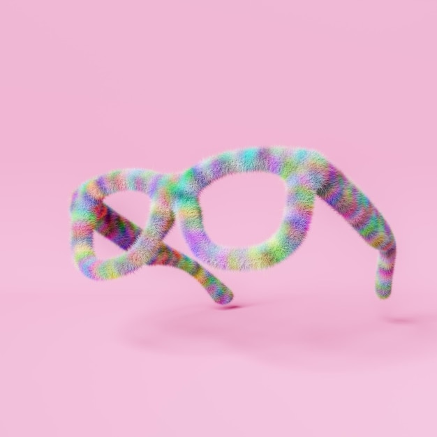 Óculos felpudos multicoloridos em pano de fundo rosa